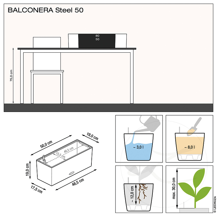 Αυτοποτιζόμενη Ζαρντινιέρα Lechuza Balconera Steel