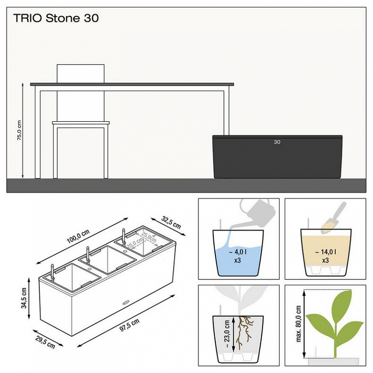 Αυτοποτιζόμενη Ζαρντινιέρα Lechuza Trio Stone 30